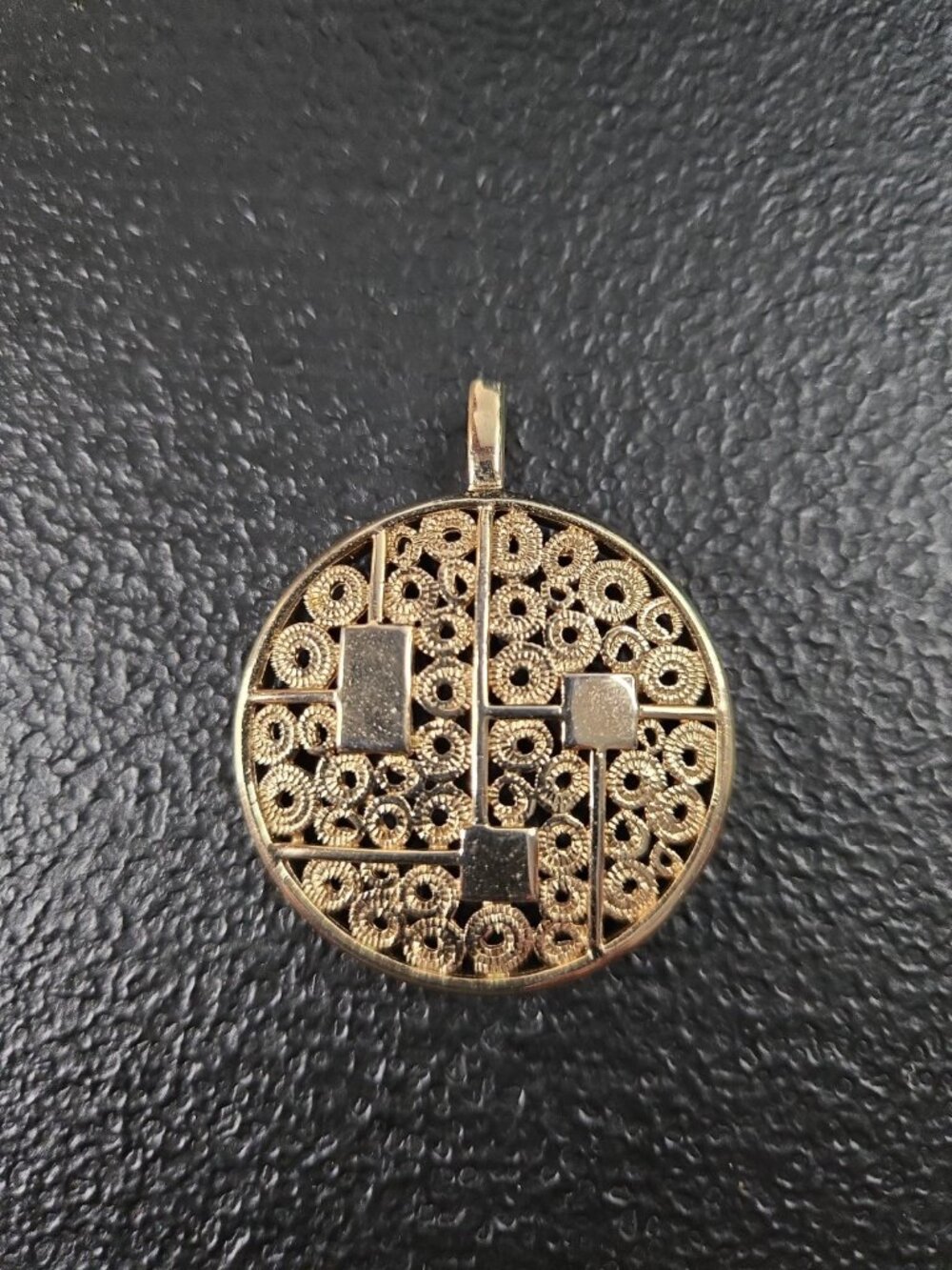 Vintage Sarah Coventry Gold Tone Modernist 70s Style Pendant, Round Geometric